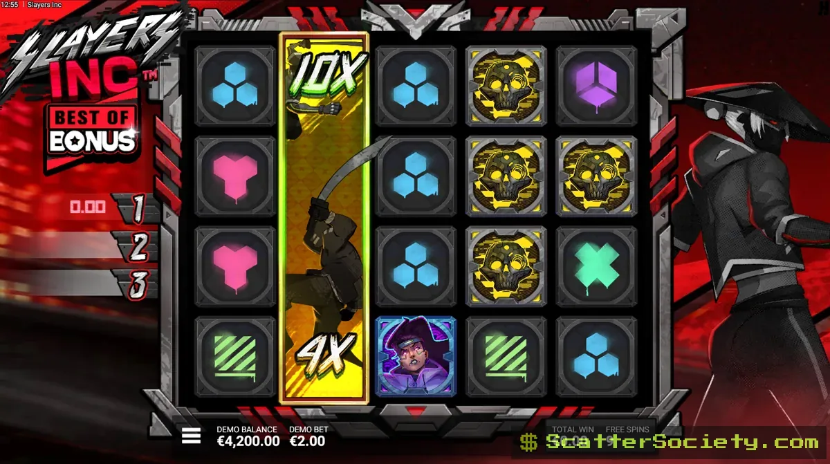 Slayers Inc Best Of Bonus screen showing three completed bonus attempts with the highest payout being selected as the final result