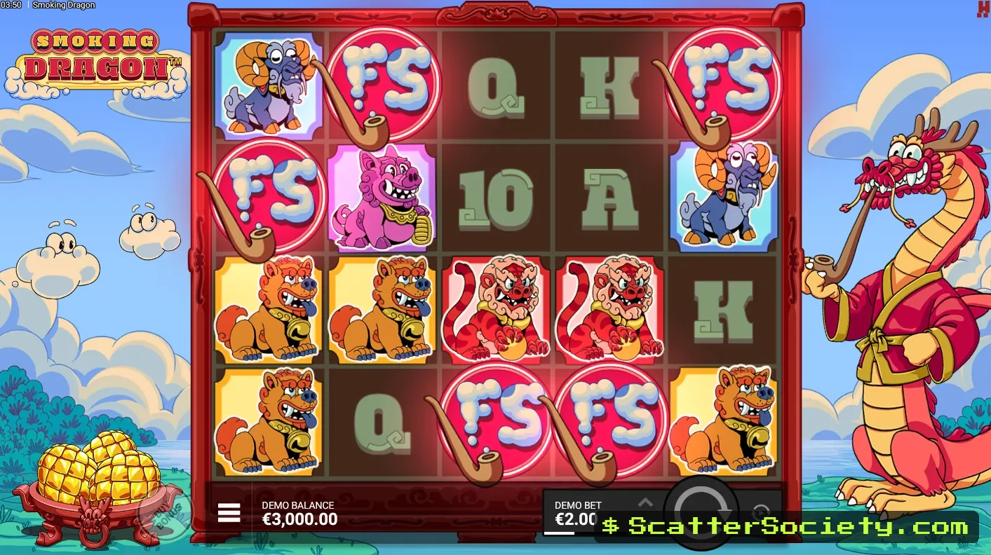 Smoking Dragon base game grid showing a Row Cascade clearing the bottom row and dropping fresh symbols