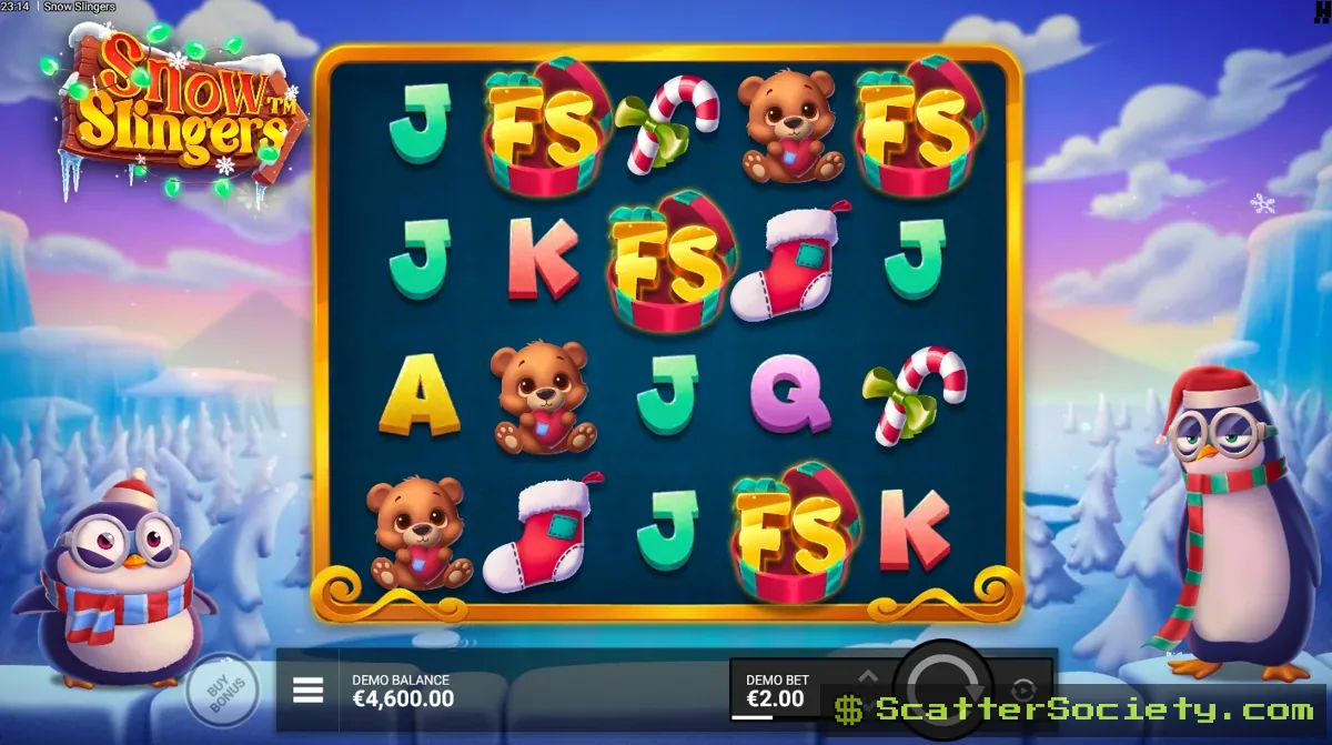 Snow Slingers base game grid showing a Snow-volver symbol throwing a snowball at a gift box above the reels