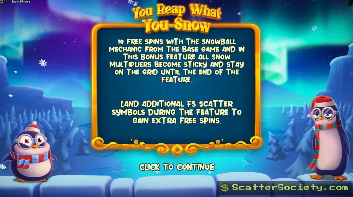 Snow Slingers grid showing multiple gift boxes revealing large multiplier values after being struck by snowballs