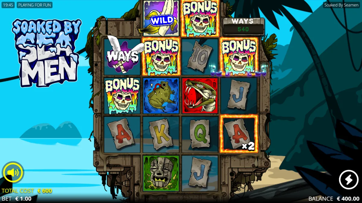 Soaked By Seamen base game grid showing multiple Bonus scatter symbols and a WAYS counter at 540