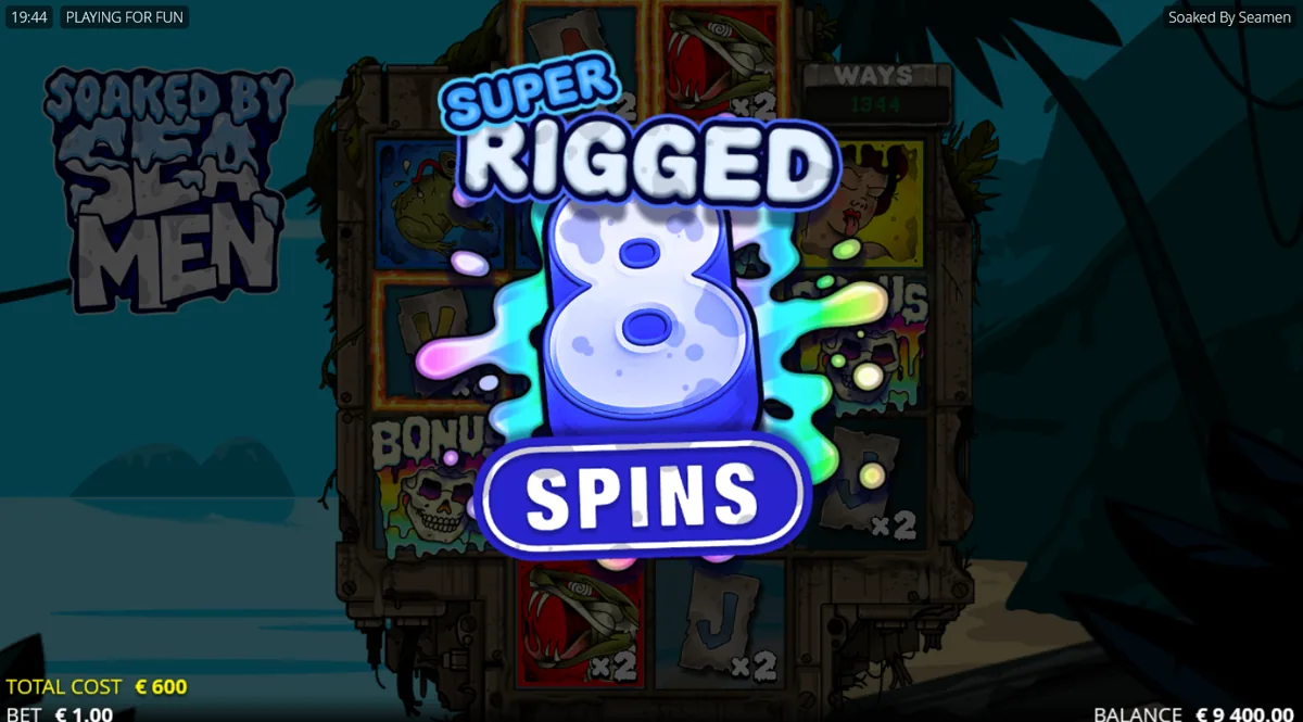 Soaked By Seamen Super Rigged Spins bonus screen awarding 8 free spins