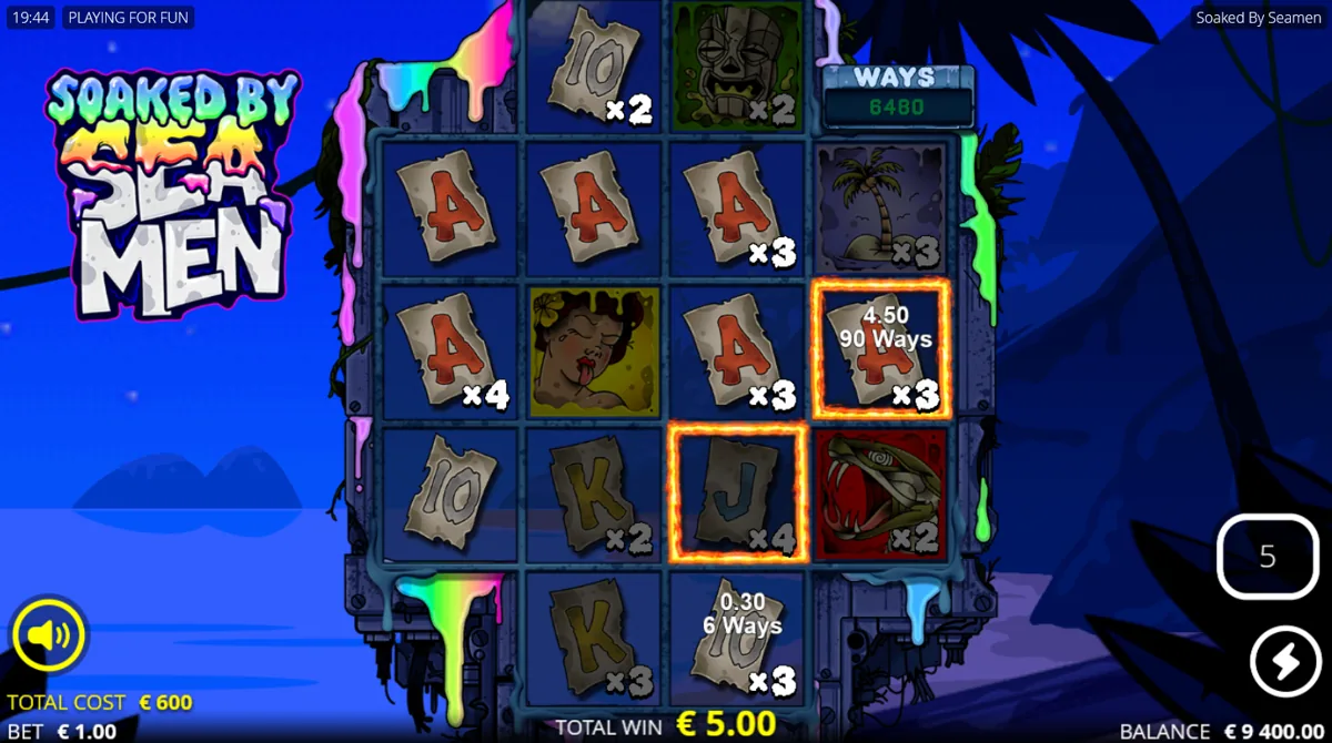 Soaked By Seamen free spins grid with multiple stacked multiplier values and a WAYS counter at 6480