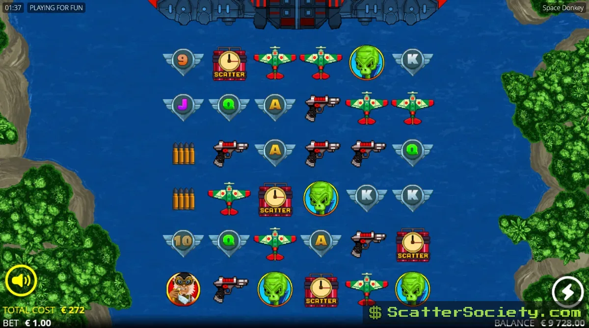 Space Donkey base game grid showing an Abduction Wild symbol moving downward and abducting regular pay symbols
