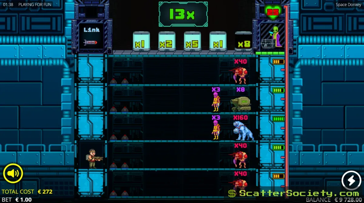 Space Donkey Seek N Destroy Battle bonus screen showing the monkey character blasting alien enemies with weapon upgrades