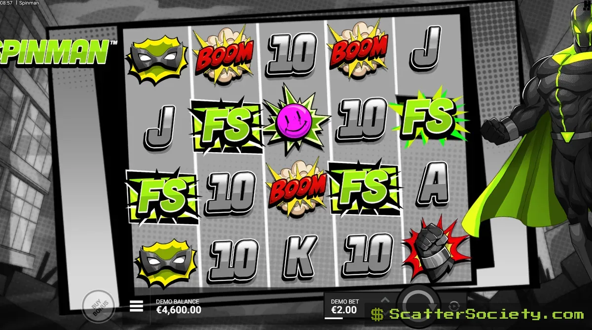 Spinman base game grid showing the Spinman symbol expanding to cover an entire reel among comic book styled fist and shield icons