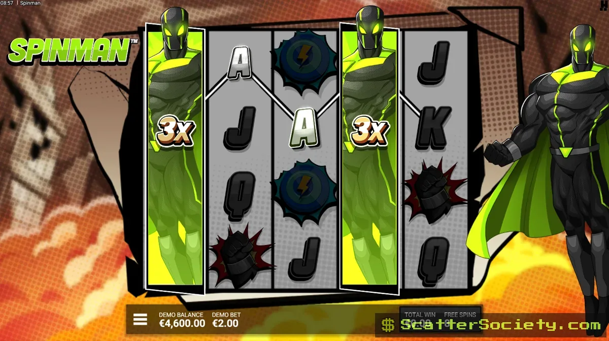 Spinman Reel Heroes bonus screen showing a Booster Wheel with an elevated minimum multiplier value of at least 5x