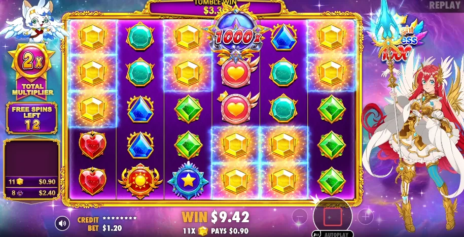 Starlight Princess 1000 base game with double scatter symbols landing on the grid