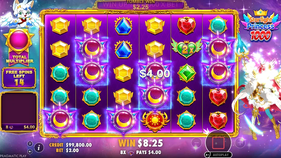 Starlight Princess 1000 free spins with a 1000x multiplier orb landing on the grid