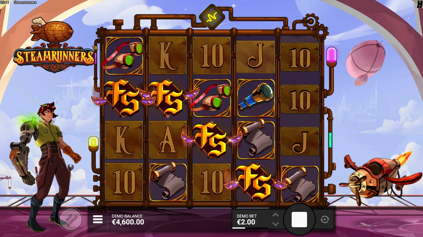 Steamrunners base game grid showing a Green Gas Canister transforming adjacent low-value symbols into Wilds