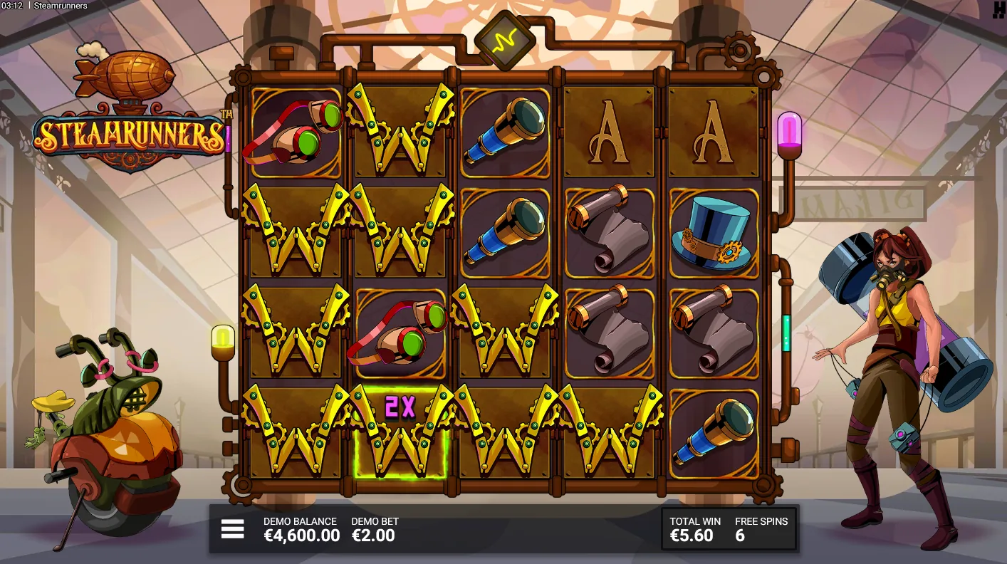 Steamrunners Sky City Bonus screen showing a sticky Wild multiplier having doubled several times toward a high value
