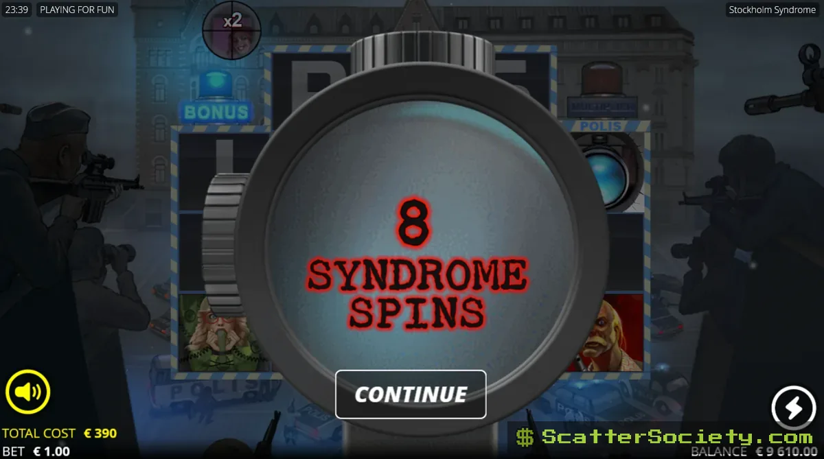 Stockholm Syndrome base game grid showing the Con Man Wild character symbol on the third reel