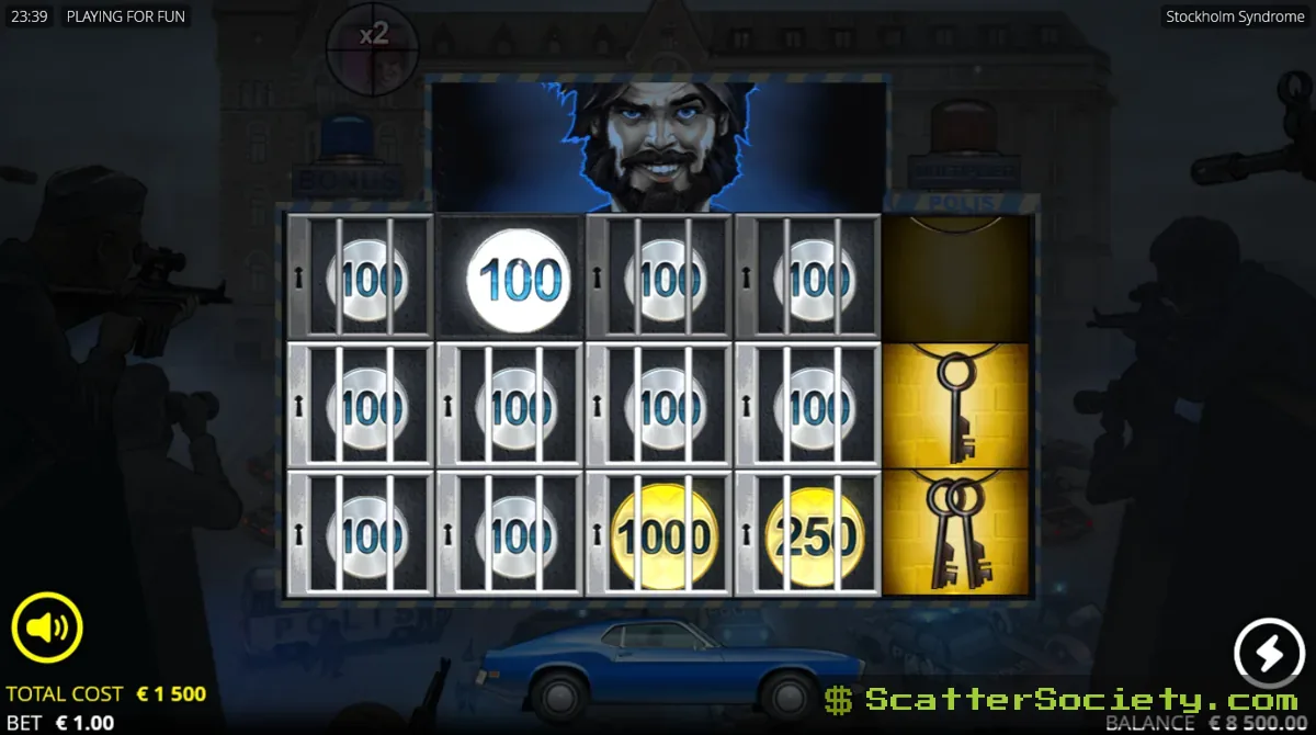 Stockholm Syndrome POLIS Hold and Win feature showing multiple locked coin symbols building toward a large payout