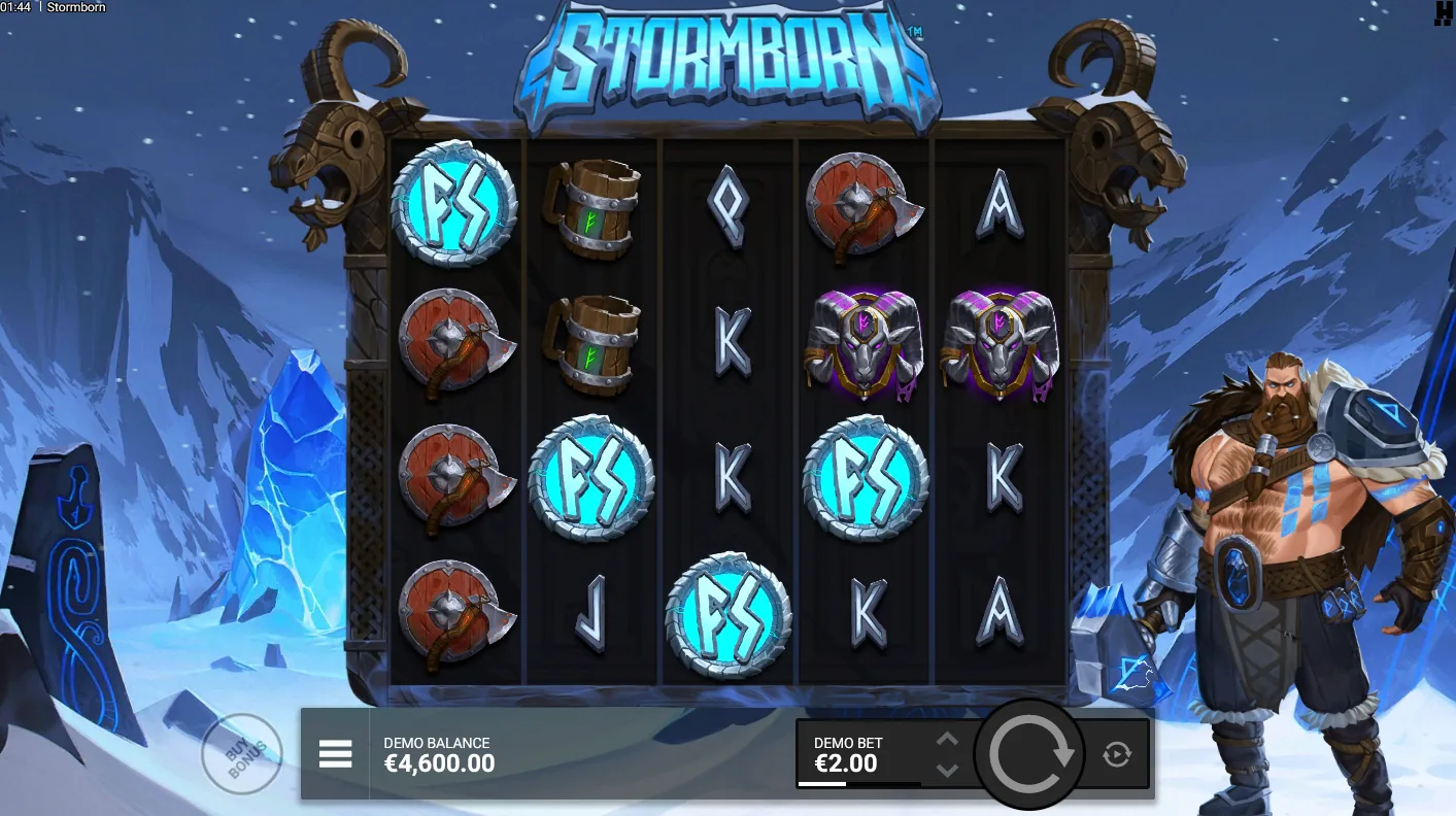 Stormborn base game grid showing multiple Coin symbols triggering the Thunder Respins feature