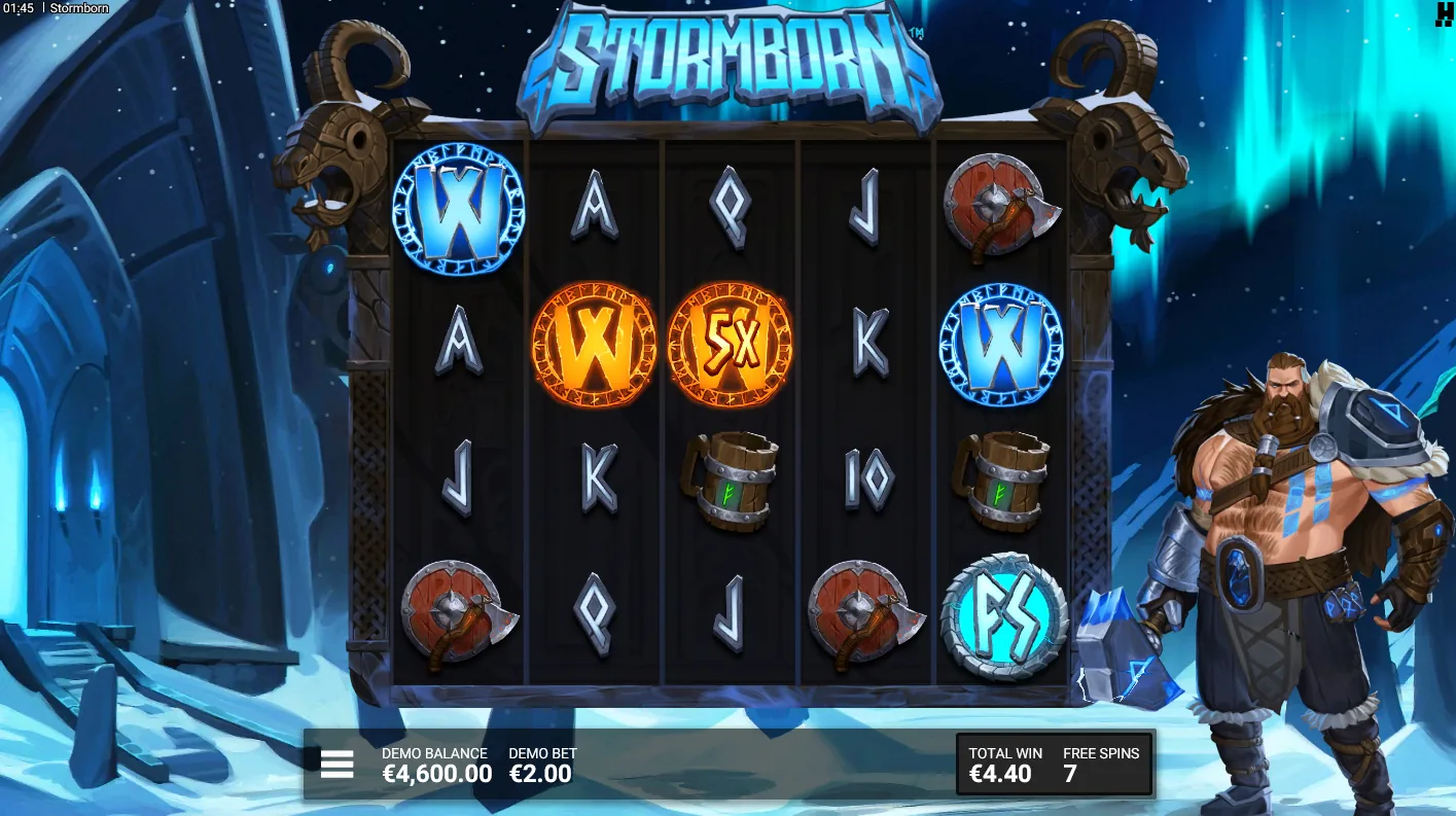 Stormborn Perfect Storm free spins screen showing sticky Wild symbols with stacking multipliers filling toward a Wild God Reel