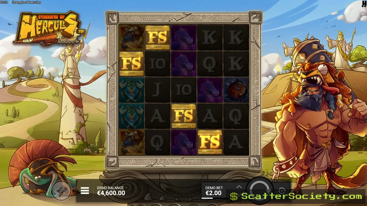 Strength of Hercules base game grid showing the RotoGrid mechanic rotating the board to reveal fresh symbol combinations