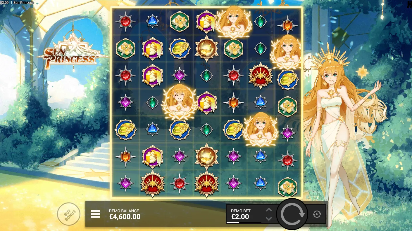 Sun Princess base game grid showing a Sun Ray Frame spreading in a straight line across the 7x7 cluster grid