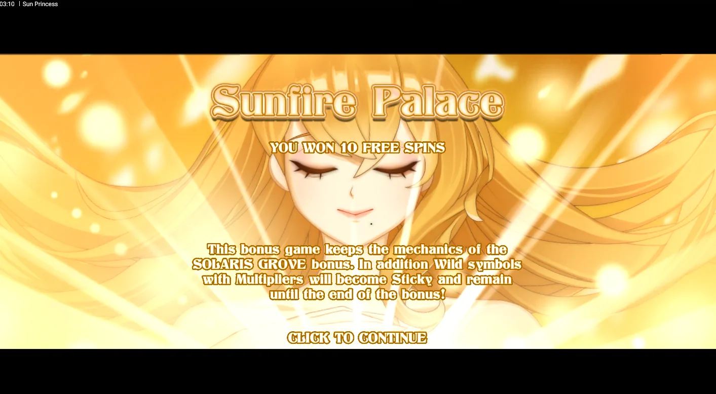 Sun Princess grid showing a Chain Reaction as a Sun Ray Frame spreads from one matching symbol to another across the grid