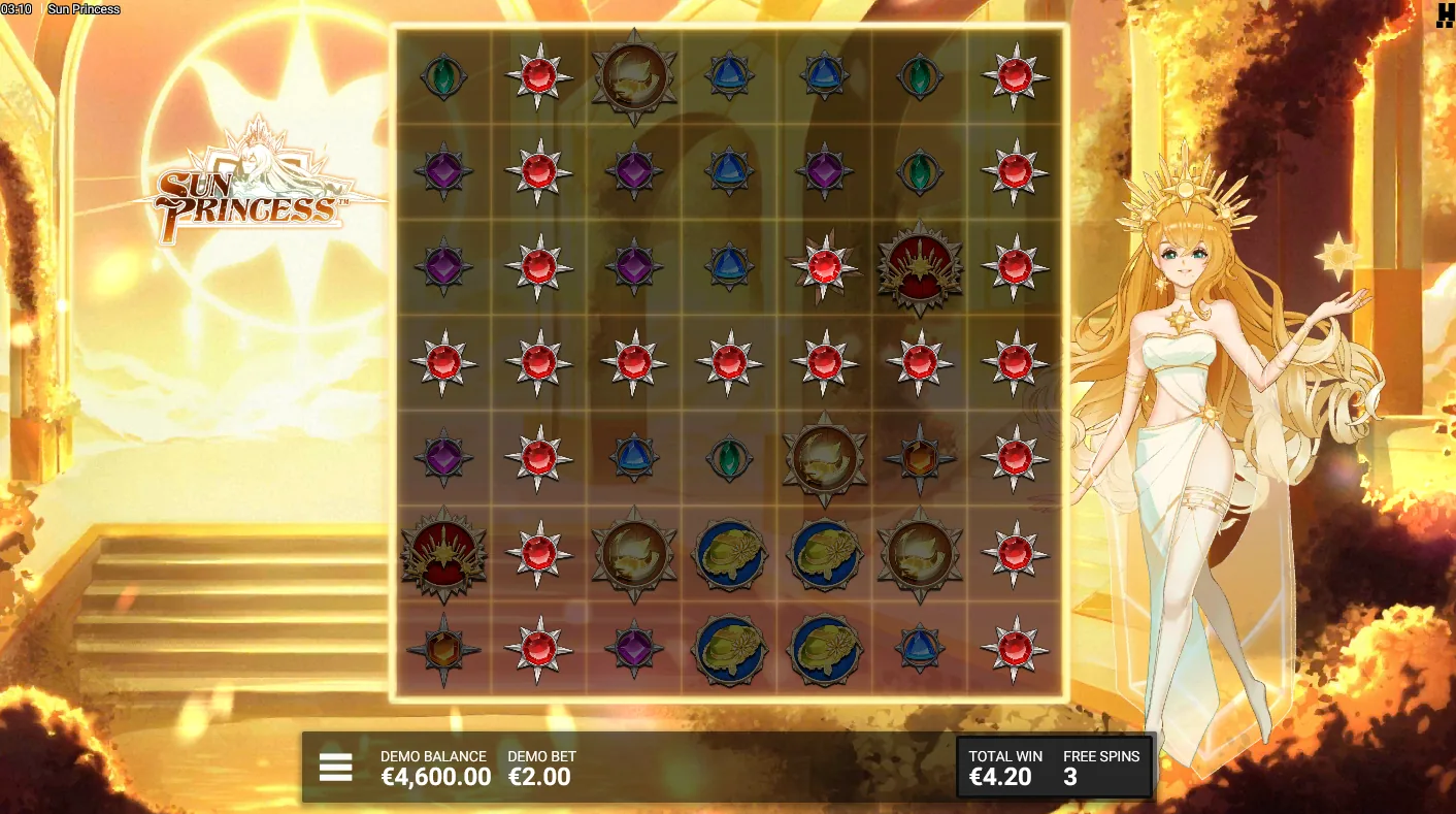Sun Princess Golden Eclipse bonus screen showing a guaranteed Sun Ray Frame appearing on the grid