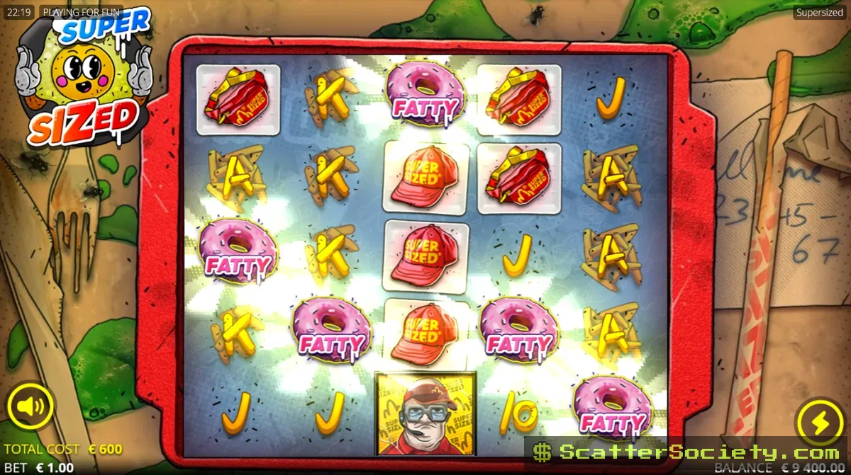 Supersized base game grid showing food-themed symbols with a Total Multiplier of x500
