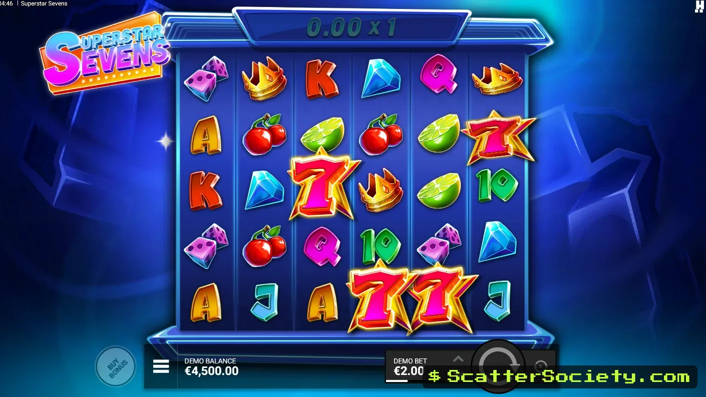 Superstar Sevens base game grid showing a Lightning symbol converting removed symbols into multiplier values