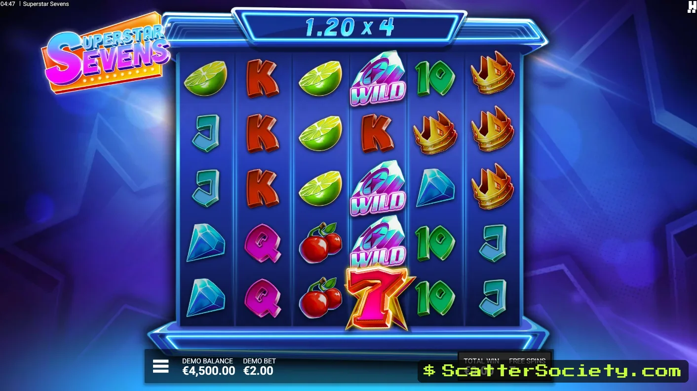 Superstar Sevens grid showing all 6 scatter symbols landing at once for an instant max win