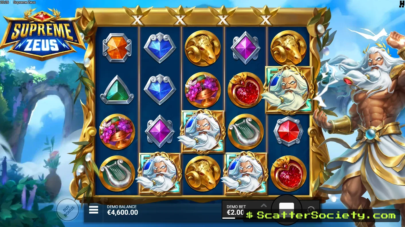 Supreme Zeus base game grid showing bronze silver and gold coin symbols activating across adjacent reels