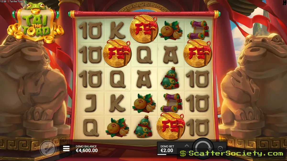 Tai the Toad base game grid showing a Toad symbol landing alongside a Prosperity Pot symbol ready to transform