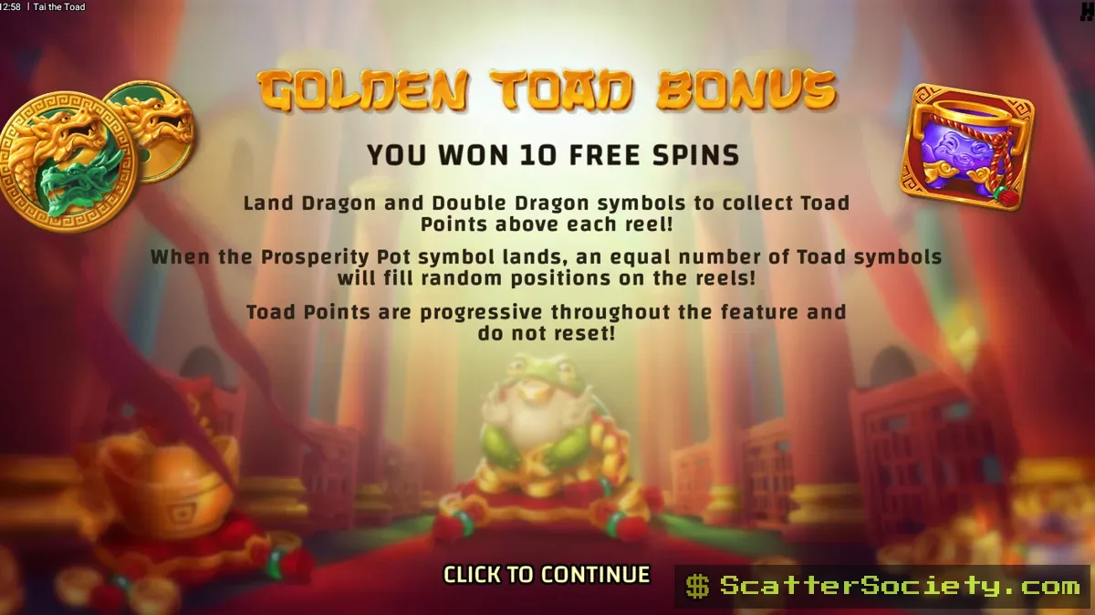 Tai the Toad grid showing multiple Toad symbols transformed simultaneously into Gold Coin values after the Prosperity Pot triggers