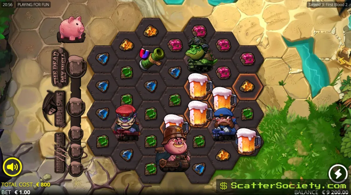 Tanked 3 First Blood 2 hexagonal grid showing four tank commanders collecting colored gems and beer mug symbols