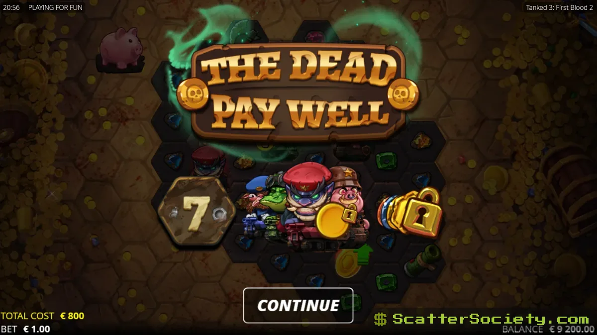 Tanked 3 First Blood 2 bonus intro screen reading THE DEAD PAY WELL with a 7x multiplier and locked reward