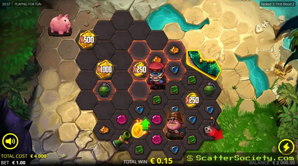 Tanked 3 First Blood 2 grid showing multiplier coin values of x500 and x1000 alongside a tank character