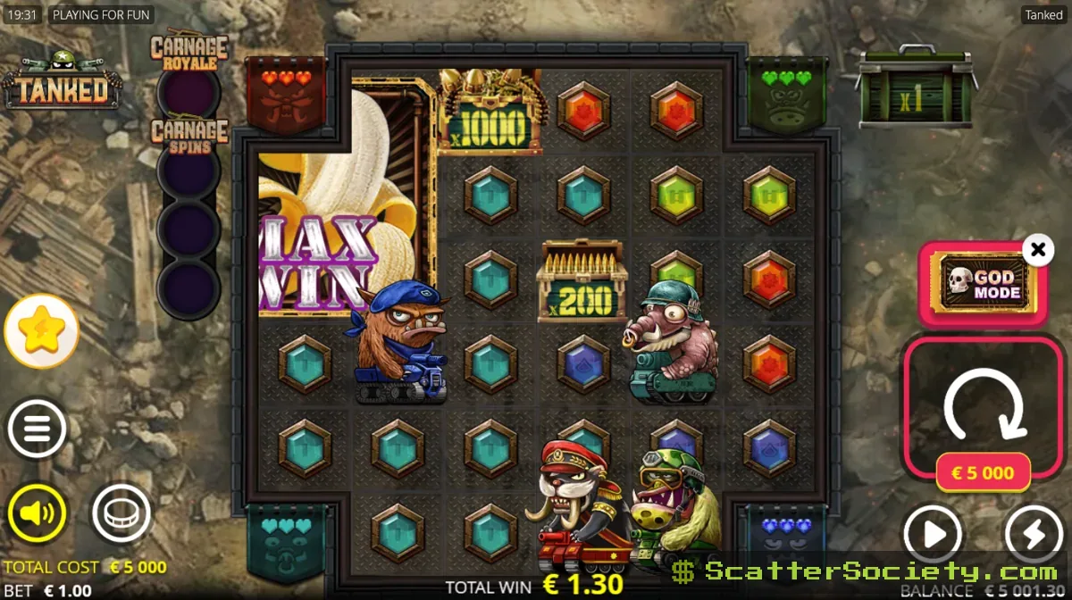 Tanked grid showing a cluster explosion detonating across multiple positions as several tank characters group together