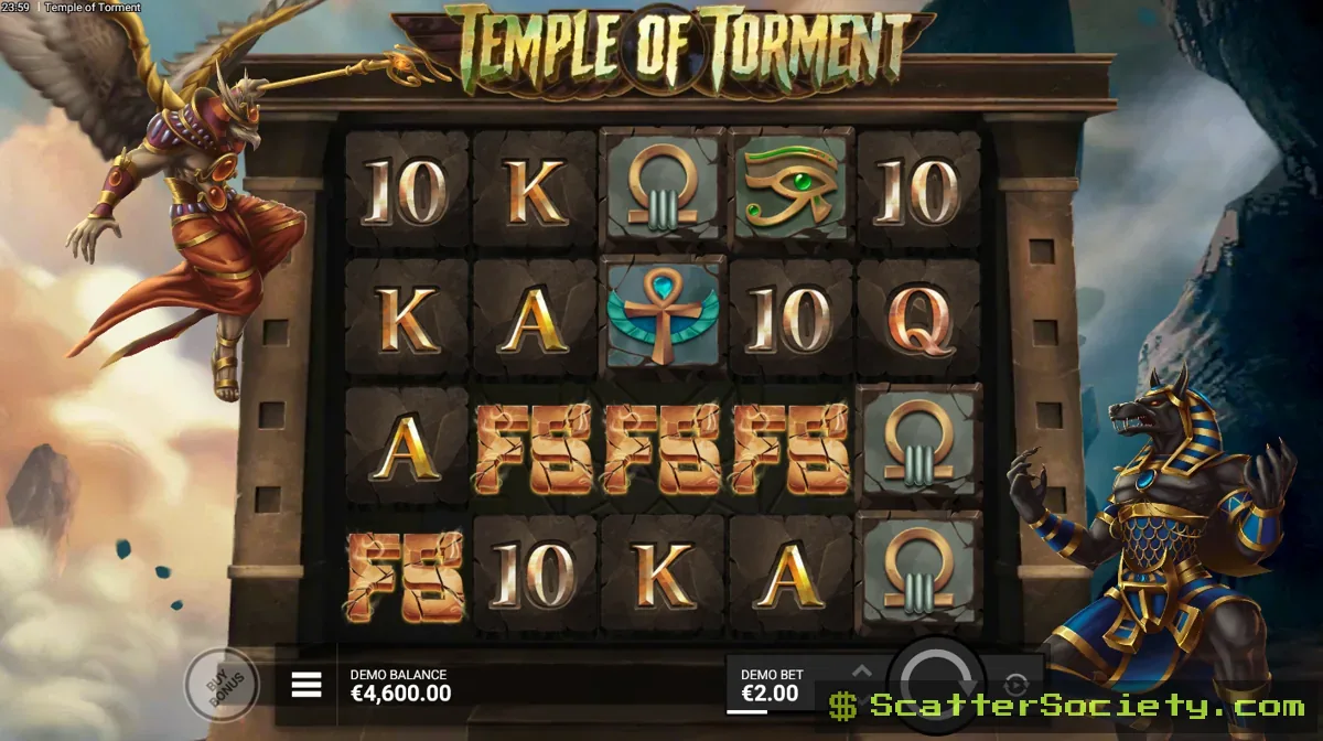 Temple of Torment base game grid showing a Golden Scarab Wild expanding downward through several positions on a reel