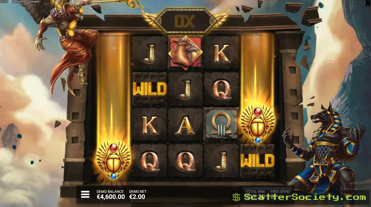 Temple of Torment Reign of Ra bonus screen showing multiple Golden Scarab multipliers adding together into a single global win multiplier