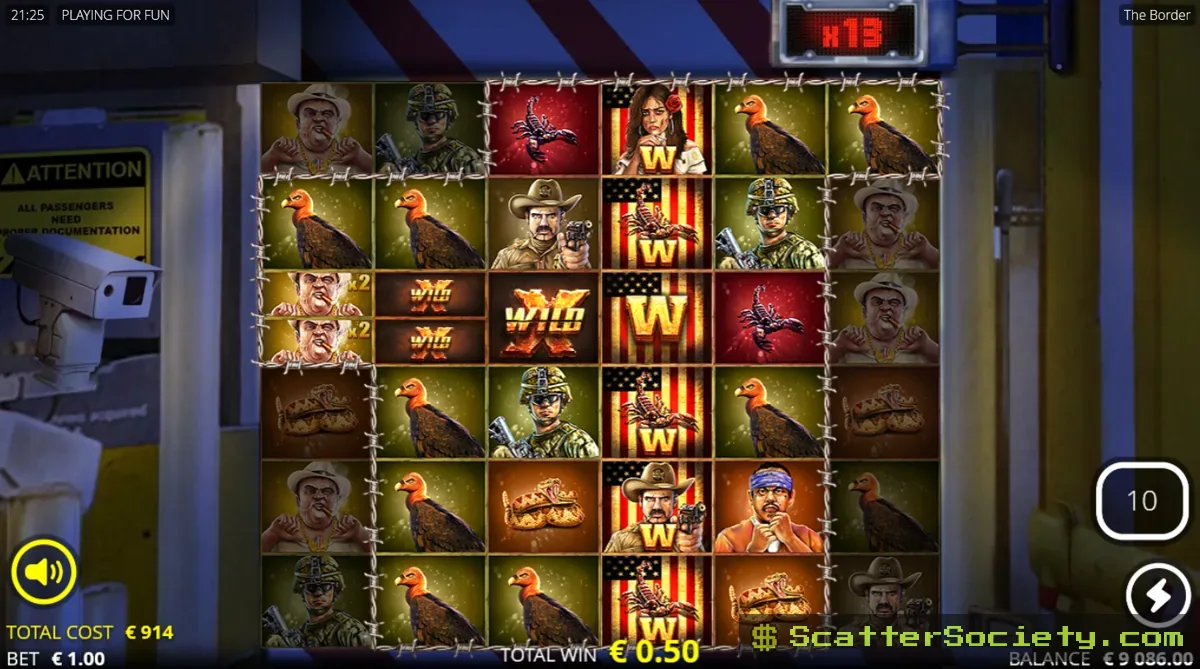 The Border Coyote Spins bonus screen showing a persistent non-resetting multiplier climbing across multiple cascading wins