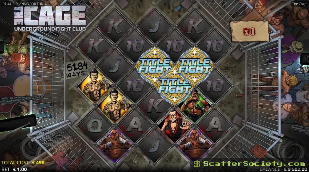 The Cage base game grid showing a Wild Knockout xBomb symbol exploding in a cross pattern across the diagonal reels