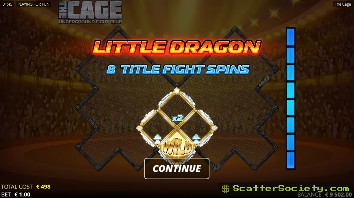 The Cage grid showing the Roundhouse Kick feature triggering a Wild Mining effect across multiple positions