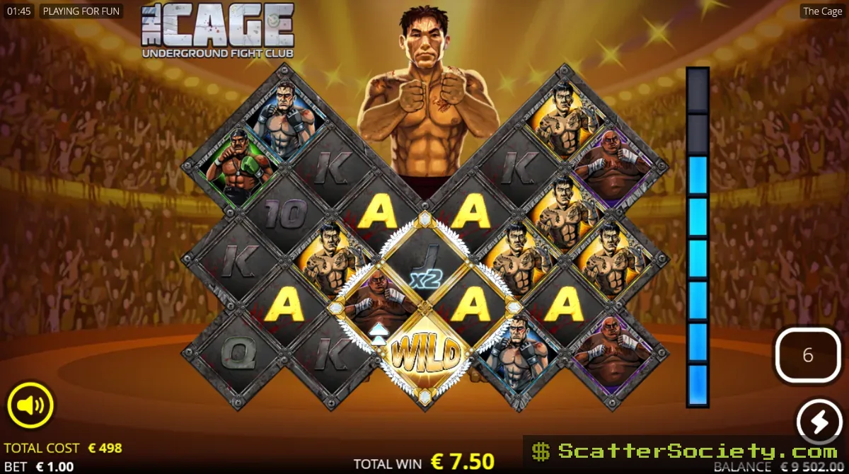 The Cage Title Fight Free Spins bonus screen showing multiple stacked fighter modifiers active simultaneously in the ring