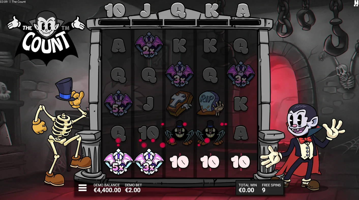 The Count Rest in Pieces bonus screen showing the Symbol Counter nearly full before converting low-pay symbols into Wild Bats