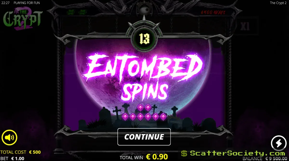 The Crypt 2 Widowmaker-style bonus screen showing a large bull skull with the number 10 and a Continue button