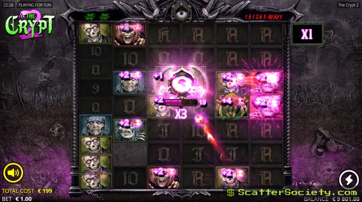 The Crypt 2 free spins grid showing multiple high multiplier values including a 344x total multiplier banner