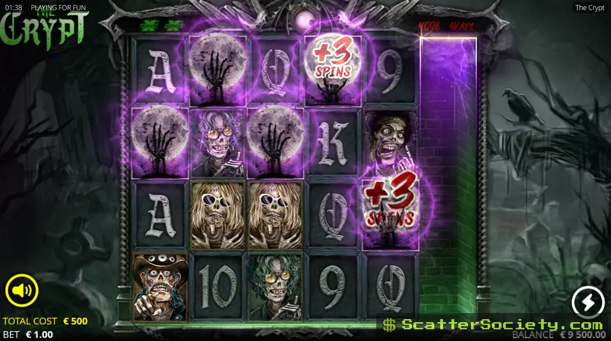 The Crypt base game grid showing an xNudge skeleton wild symbol dropping toward the bottom of a reel