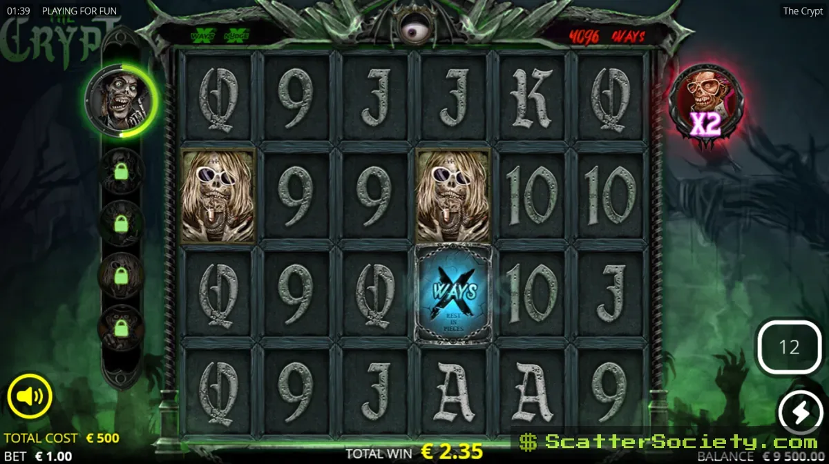 The Crypt Resurrection Spins bonus screen showing a rock legend symbol transforming into a wild after a fourth cascade