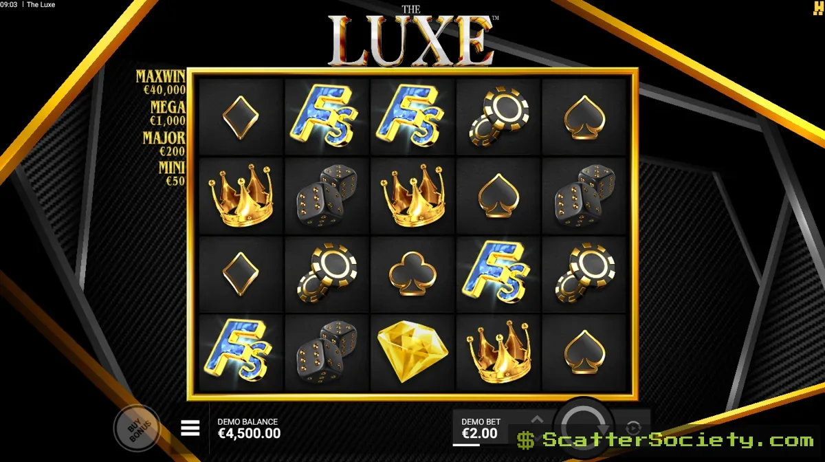 The Luxe base game grid showing a Golden Frame revealing a multiplier value among black and gold luxury casino symbols