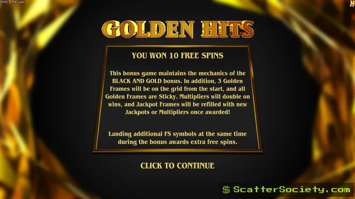 The Luxe grid showing multiple Golden Frames with jackpot values adding together across a winning sequence