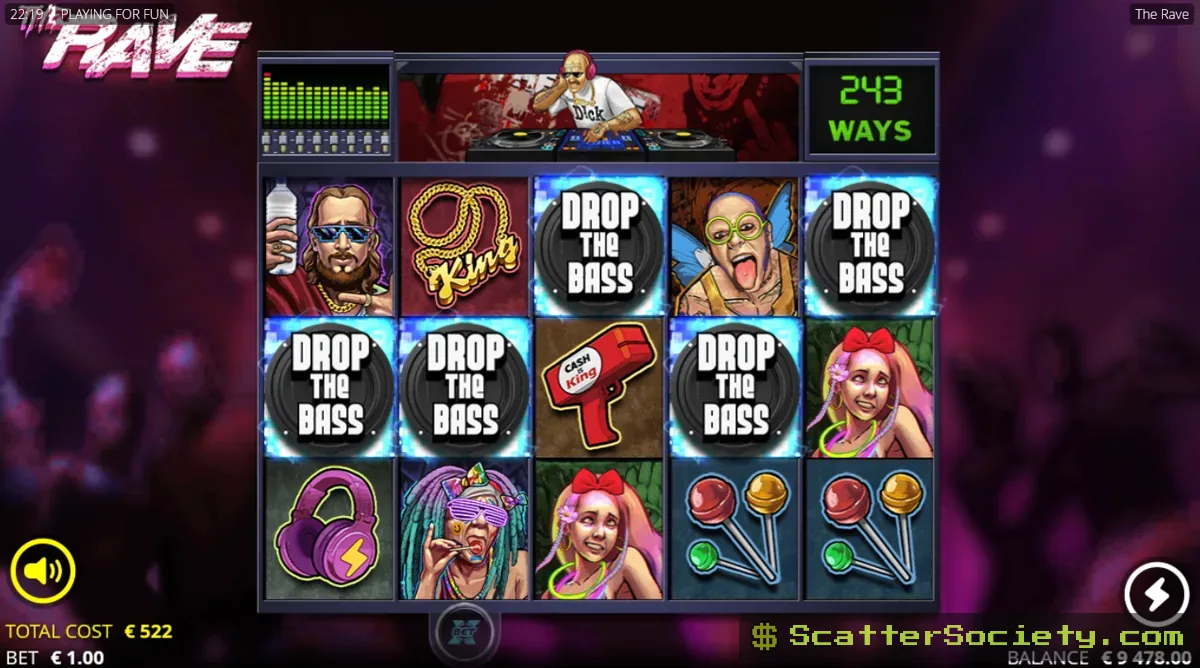 The Rave base game grid showing two scatter symbols transforming into lit Enhancer Cells above the reels