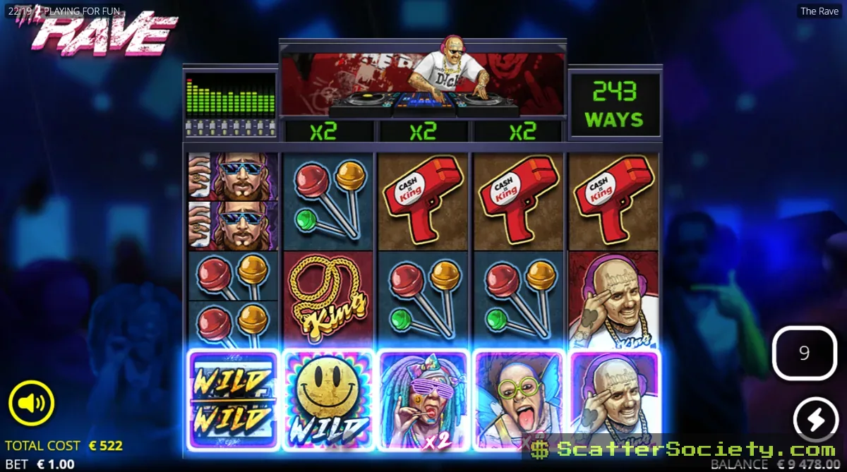 The Rave God is a DJ bonus screen showing multiple stacked multiplier wilds building toward a large total win