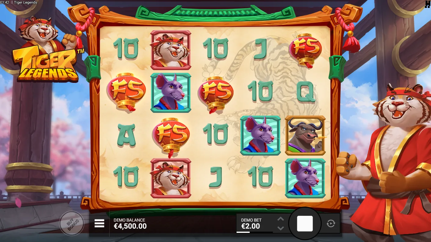 Tiger Legends base game grid showing a Legendary Frame Warrior symbol expanding upward toward the top of the reel