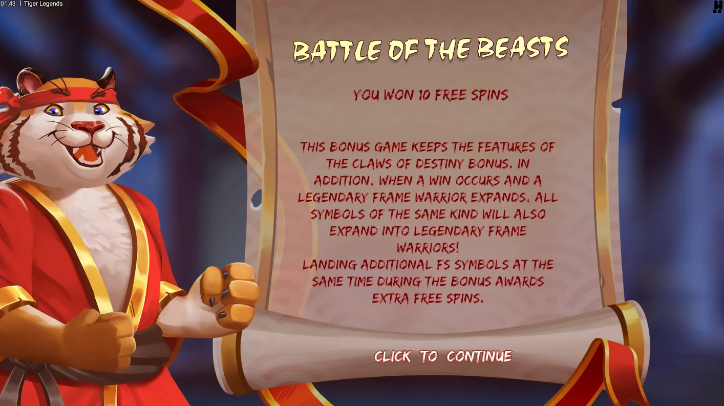 Tiger Legends Battle of the Beasts bonus screen showing multiple matching warrior symbols expanding together in a chain reaction